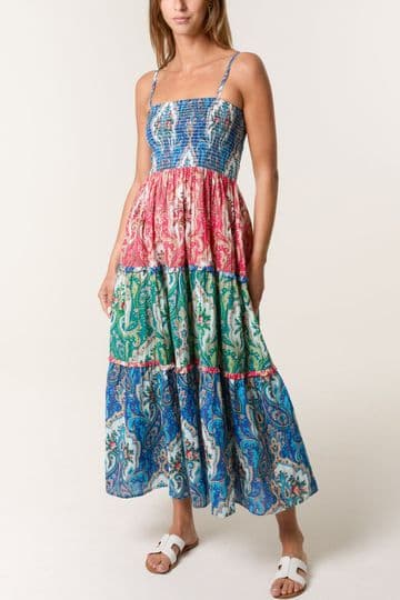 Ikat Print Bust Cami Tiered Shirred Dress