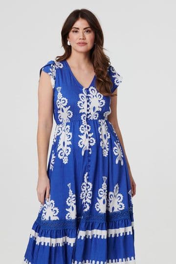 Ikat Print Cap Sleeve Midi Dress in Blue