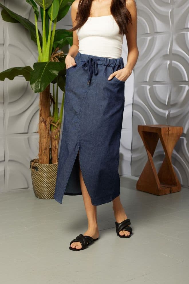 Jeans Magic Stretch Skirt With Slit - Dark Denim