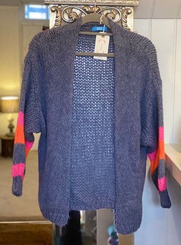 Knitted Open Cardigan - Striped Arms - Air Force Blue