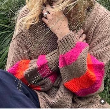 Knitted Open Cardigan - Striped Arms - Camel Fuchsia/Orange