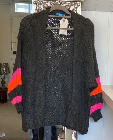 Knitted Open Cardigan - Striped Arms - Dark Grey