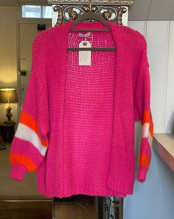 Knitted Open Cardigan - Striped Arms - Fuchsia