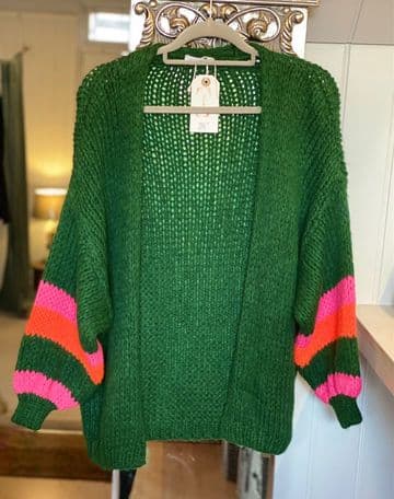 Knitted Open Cardigan - Striped Arms - Green