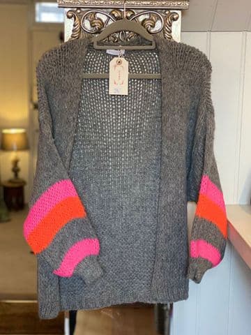 Knitted Open Cardigan - Striped Arms - Grey