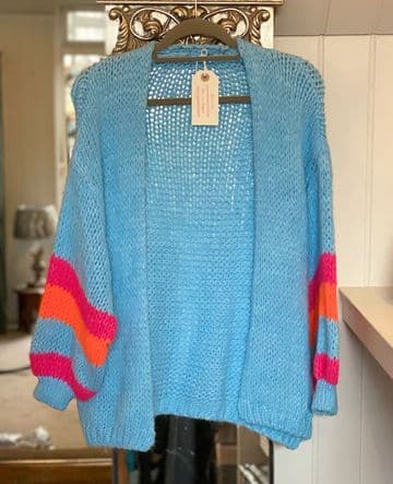 Knitted Open Cardigan - Striped Arms - Light Blue