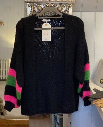 Knitted Open Cardigan - Striped Arms - Navy