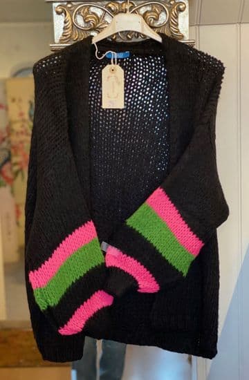 Knitted Open Cardigan - Striped Arms - Navy & Fuchsia/Green