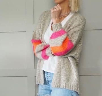 Knitted Open Cardigan - Striped Arms - Oatmeal