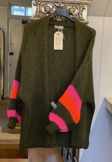 Knitted Open Cardigan - Striped Arms - Olive & Fuchsia/Orange