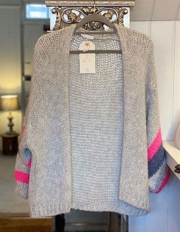 Knitted Open Cardigan - Striped Arms - Pale Grey