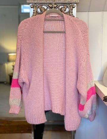Knitted Open Cardigan - Striped Arms - Pale Pink