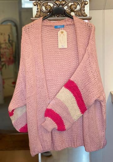 Knitted Open Cardigan - Striped Arms - Pale Pink & Fuchsia/White