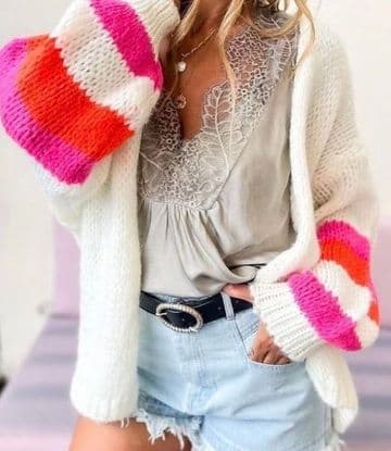 Knitted Open Cardigan - Striped Arms - Winter White