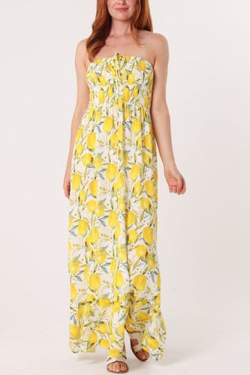 Lemon Print Shirred Bandeau Maxi Dress