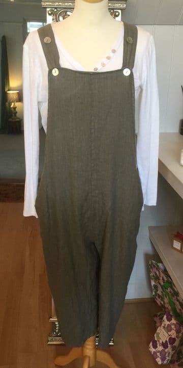 Linen Dungarees - Khaki Green