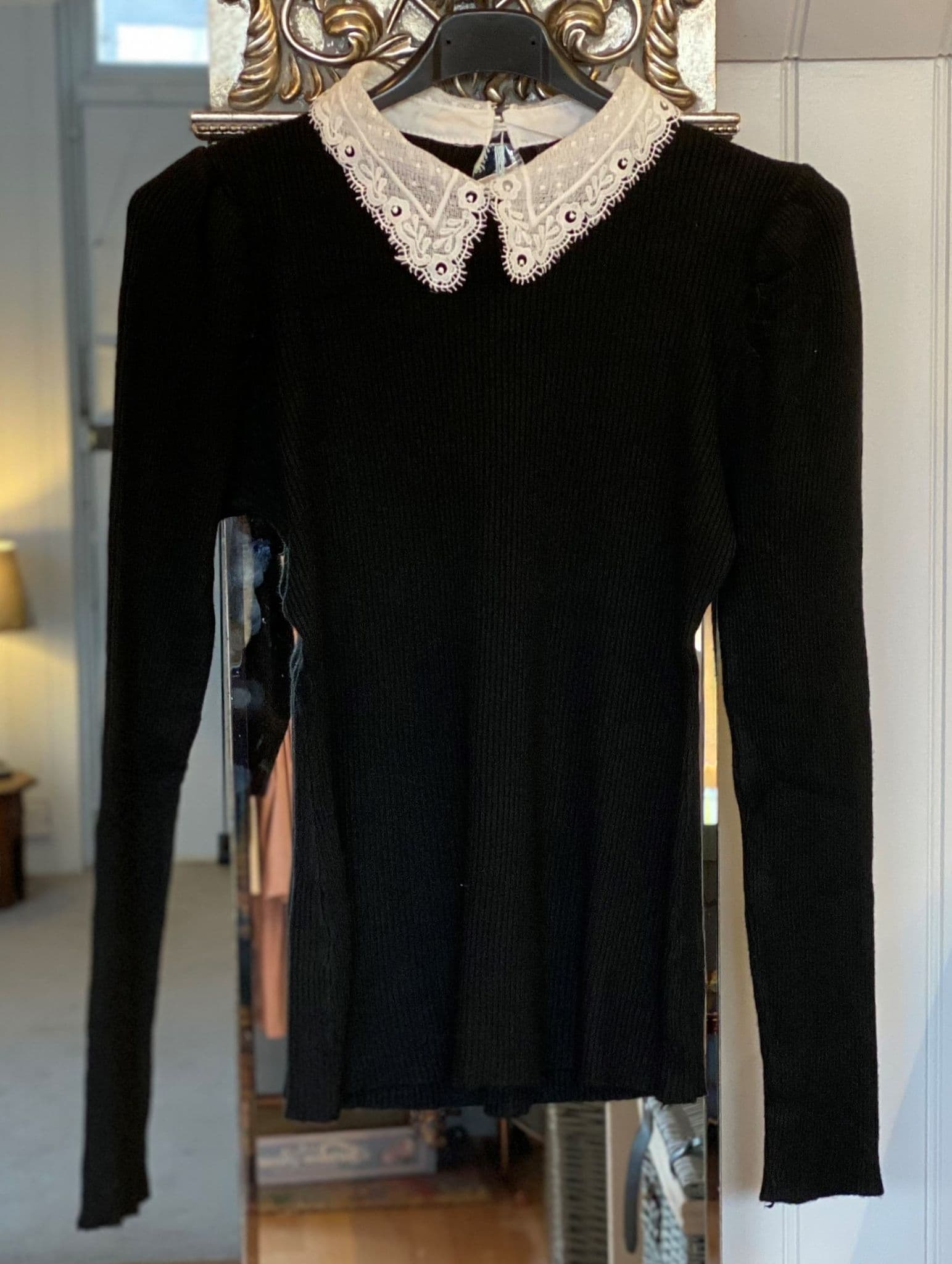 Mesh Lace Collar Puff Sleeve Jumper Black
