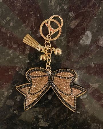 Padded Bow Diamante Key Ring - Gold & Black
