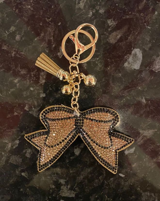 Padded Bow Diamante Key Ring - Gold & Black