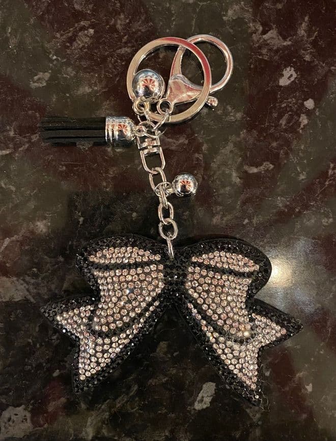 Padded Bow Diamante Key Ring - Silver & Black
