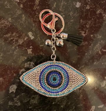 Padded Evil Eye Diamante Key Ring - Blues & Paltinum
