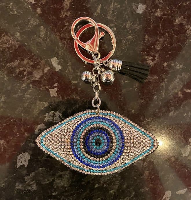 Padded Evil Eye Diamante Key Ring - Blues & Paltinum