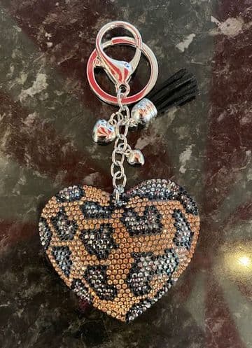 Padded Heart Diamante Key Ring - Animal Print - Rose Gold & Grey