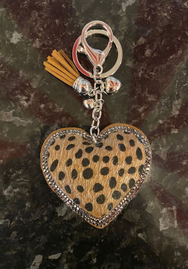 Padded Heart Diamante Key Ring - Leopard Camel