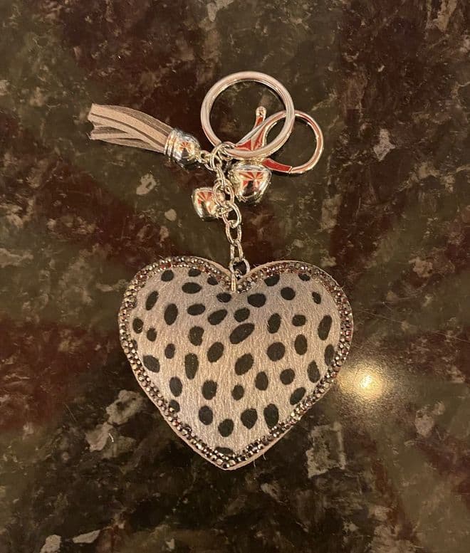 Padded Heart Diamante Key Ring - Leopard Light Grey