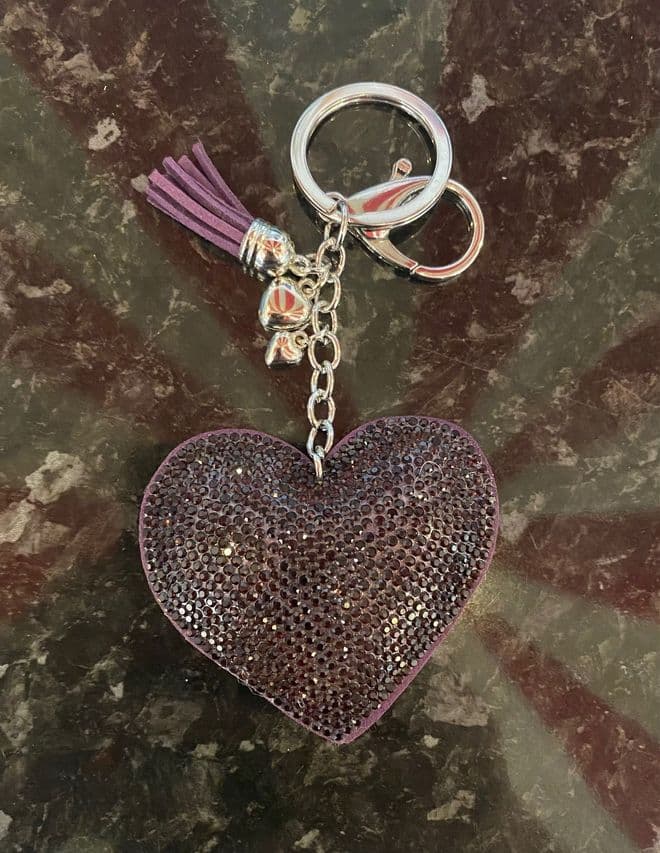 Padded Heart Diamante Key Ring - Purple