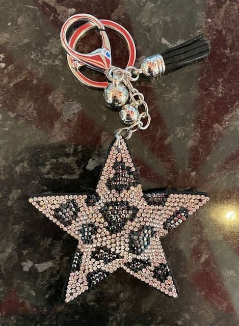 Padded Star Diamante Key Ring - Animal Print - Platinum & Black