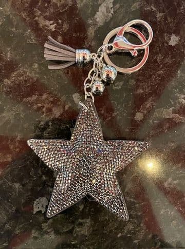 Padded Star Diamante Key Ring - Dark Grey