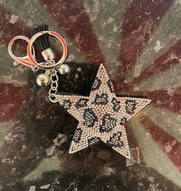 Padded Star Diamante Key Ring - Leopard Silver & Black