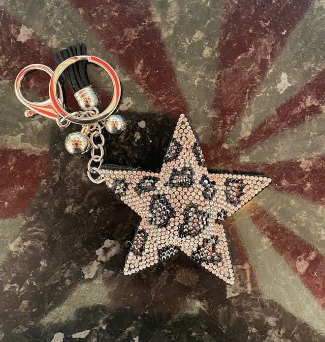 Padded Star Diamante Key Ring - Leopard Silver & Black