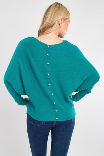 Pearl Back Batwing Jumper - Teal