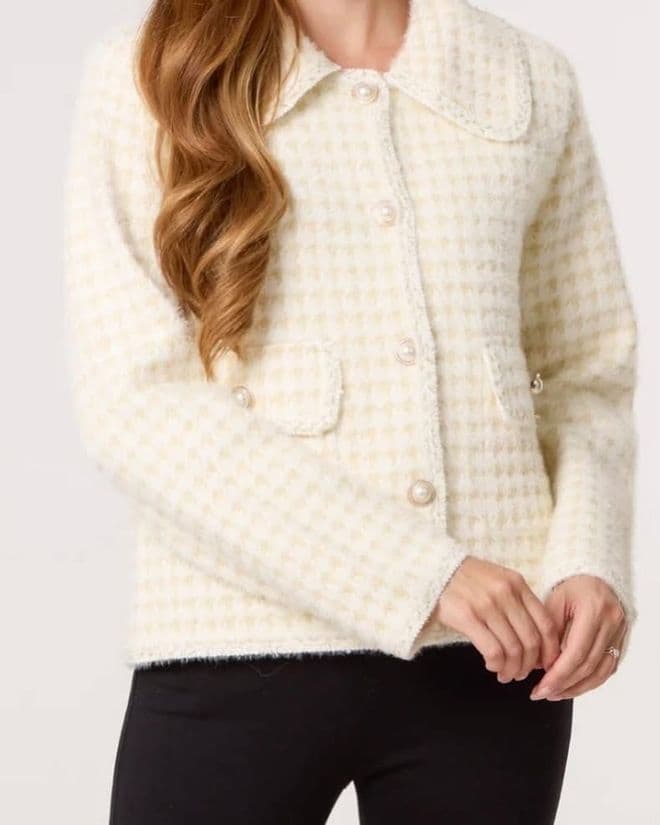 Pearl Button Check Knit Cardigan - Ivory