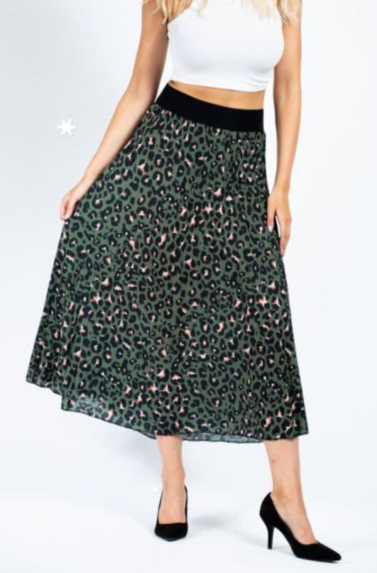 Pleated Maxi Skirt - Leopard - Khaki
