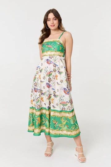 Printed A-Line Sleeveless Midi Dress in Multi Green
