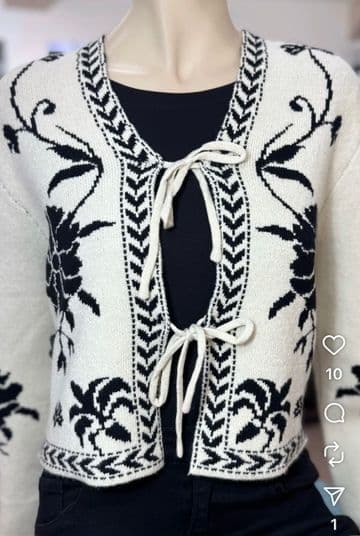 Printed Front Tie Cardigan - Black & Cream