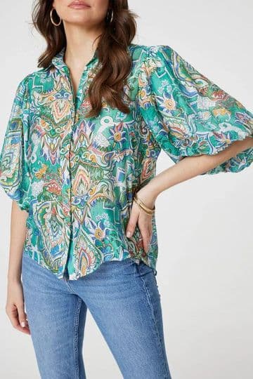 Printed Puff 1/2 Sleeve Shirt in Green