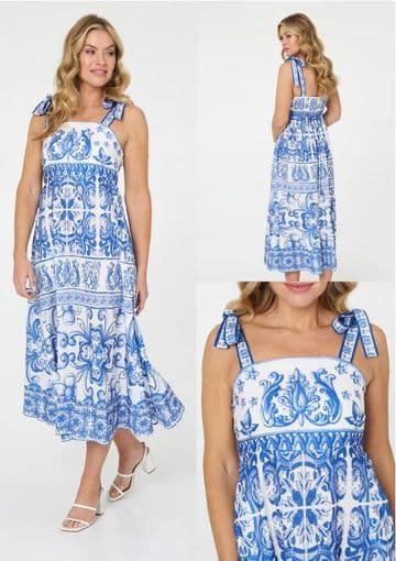 Printed Tie Strap A-Line Dress - Blue