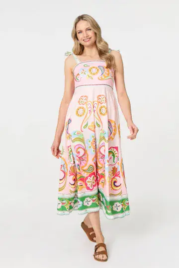 Printed Tie Strap Empire Midi Dress in Pink