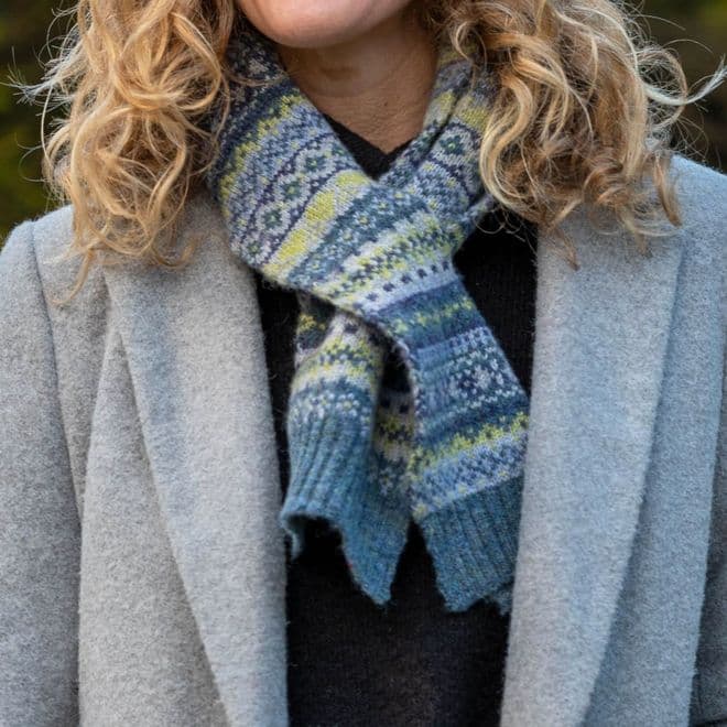 Recycled Blend Sage and Blue Fair Isle Scarf
