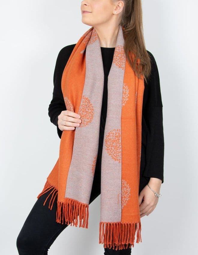Reversible Mulberry Of Life Tree Pashmina & Scarf - Orange & Grey