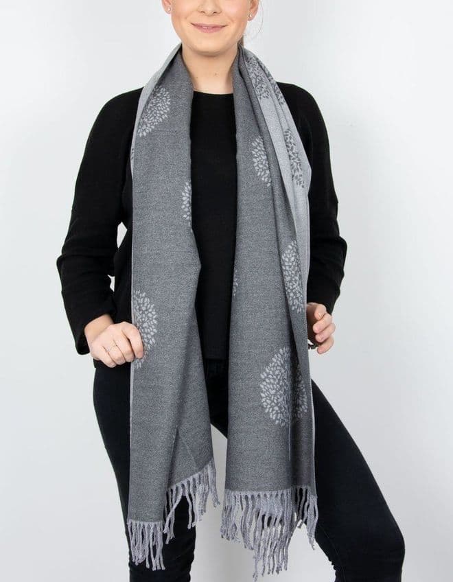 Reversible Mulberry Tree Of Life Pashmina & Scarf - Dark Grey & Grey