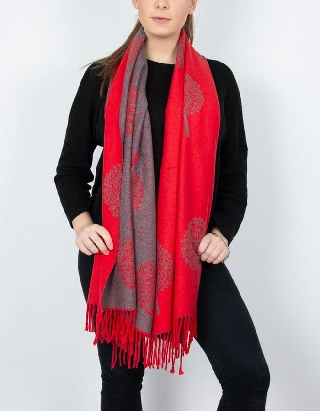 Reversible Mulberry Tree Of Life Pashmina & Scarf - Red & Grey