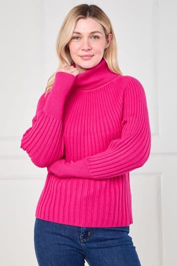 Ribbed Polo Neck Jumper - Fuchsia