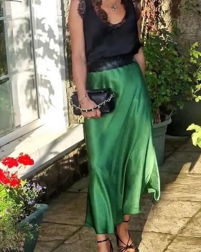 Satin Bias Slip Skirt - Green