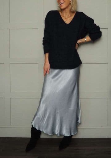 Satin Bias Slip Skirt - Silvery Blue