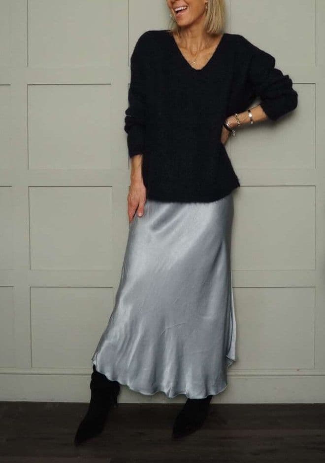 Satin Bias Slip Skirt - Silvery Blue
